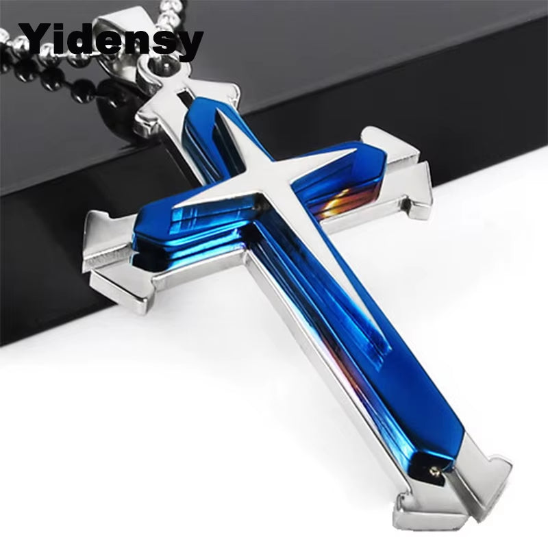 Newest Cross Necklaces Unisex Men Man Blue Black Silver Color Stainless Steel Chain Pendant Necklace