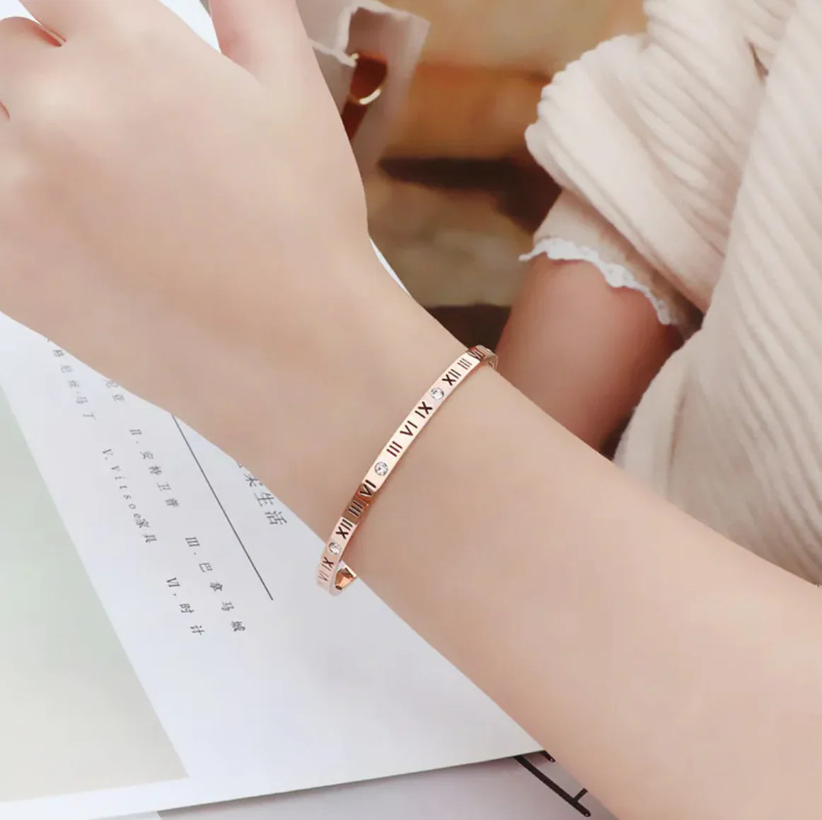 Women's Titanium Steel Roman Numeral Diamond Bracelet -