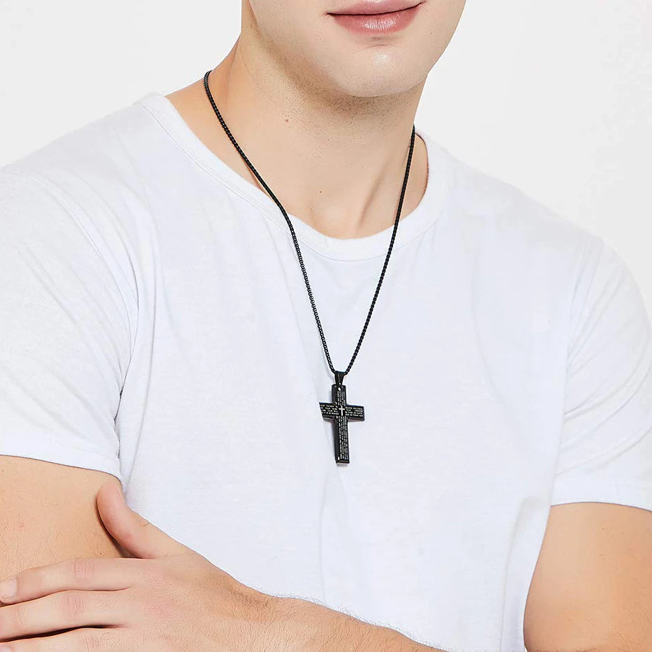 Fashion Bible Jesus Cross Pendant Necklace Hip Hop Men Stainless Steel Pendant Necklace for Women Retro Religious Prayer Jewelry