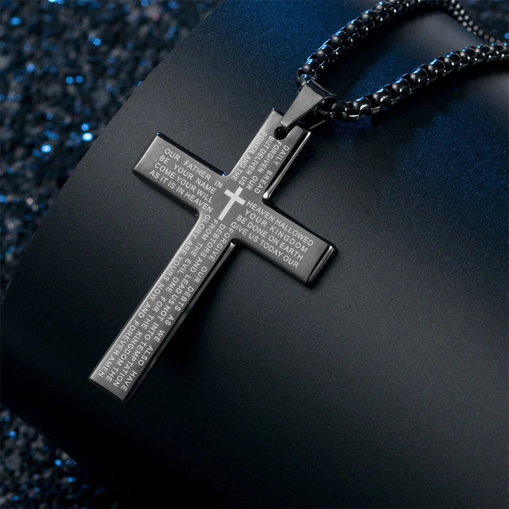 Fashion Bible Jesus Cross Pendant Necklace Hip Hop Men Stainless Steel Pendant Necklace for Women Retro Religious Prayer Jewelry