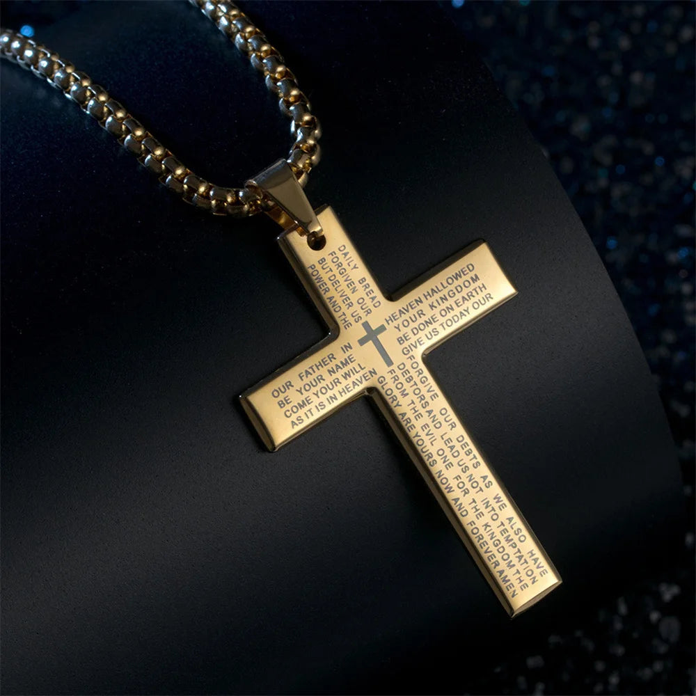 Fashion Bible Jesus Cross Pendant Necklace Hip Hop Men Stainless Steel Pendant Necklace for Women Retro Religious Prayer Jewelry