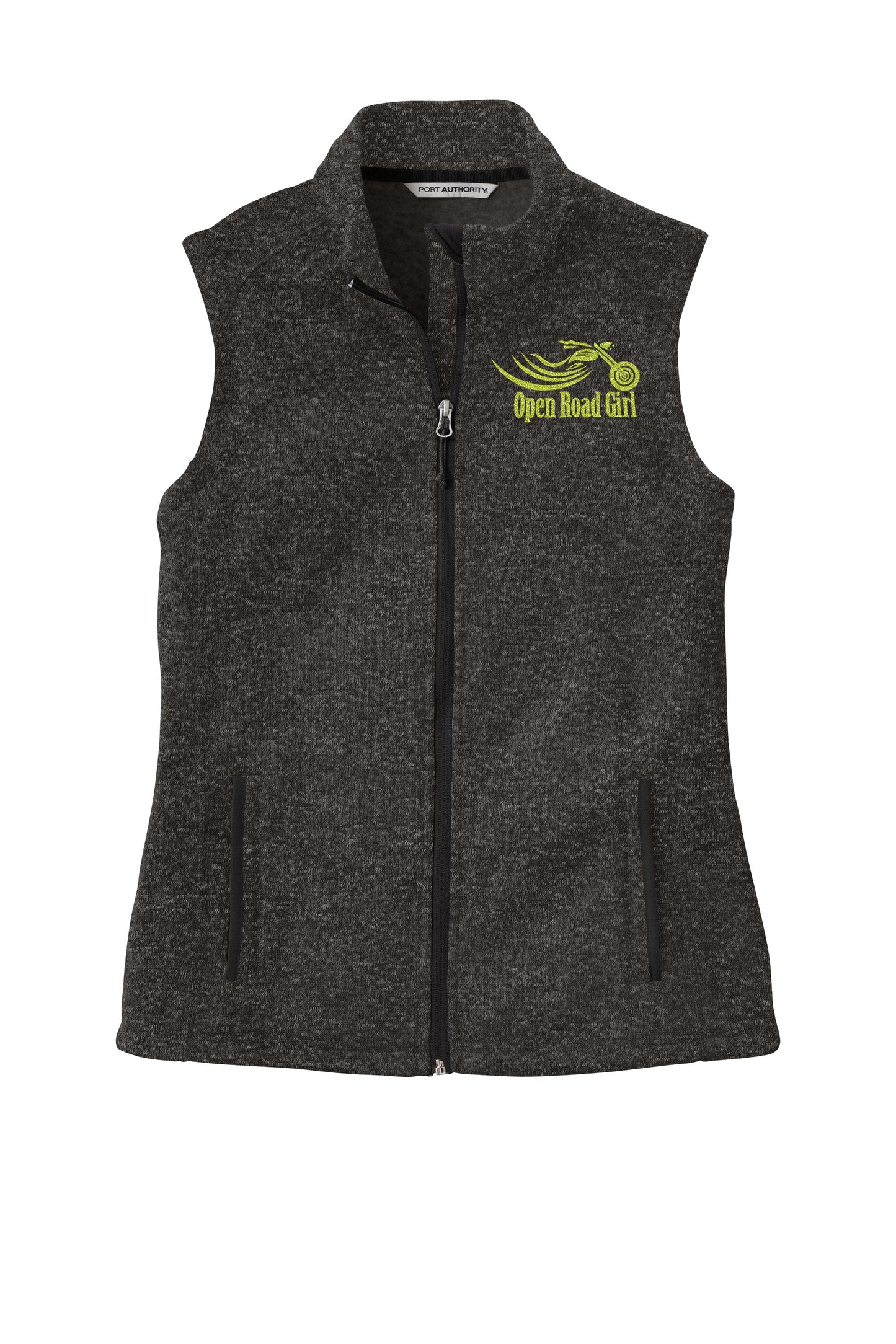 BLACK HEATHER Open Road Girl Sweater Fleece Vest- Choose your logo COLOR!