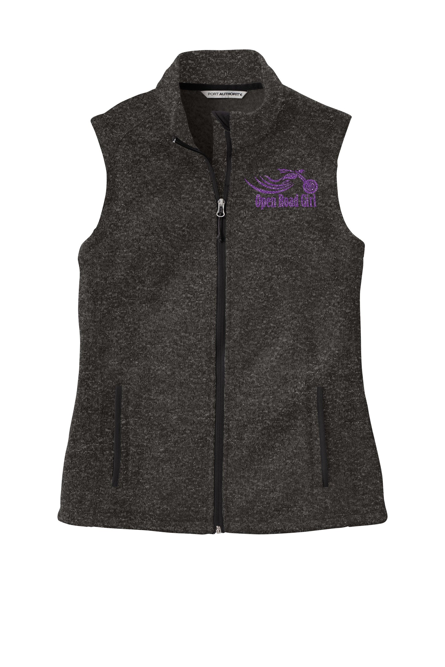 BLACK HEATHER Open Road Girl Sweater Fleece Vest- Choose your logo COLOR!