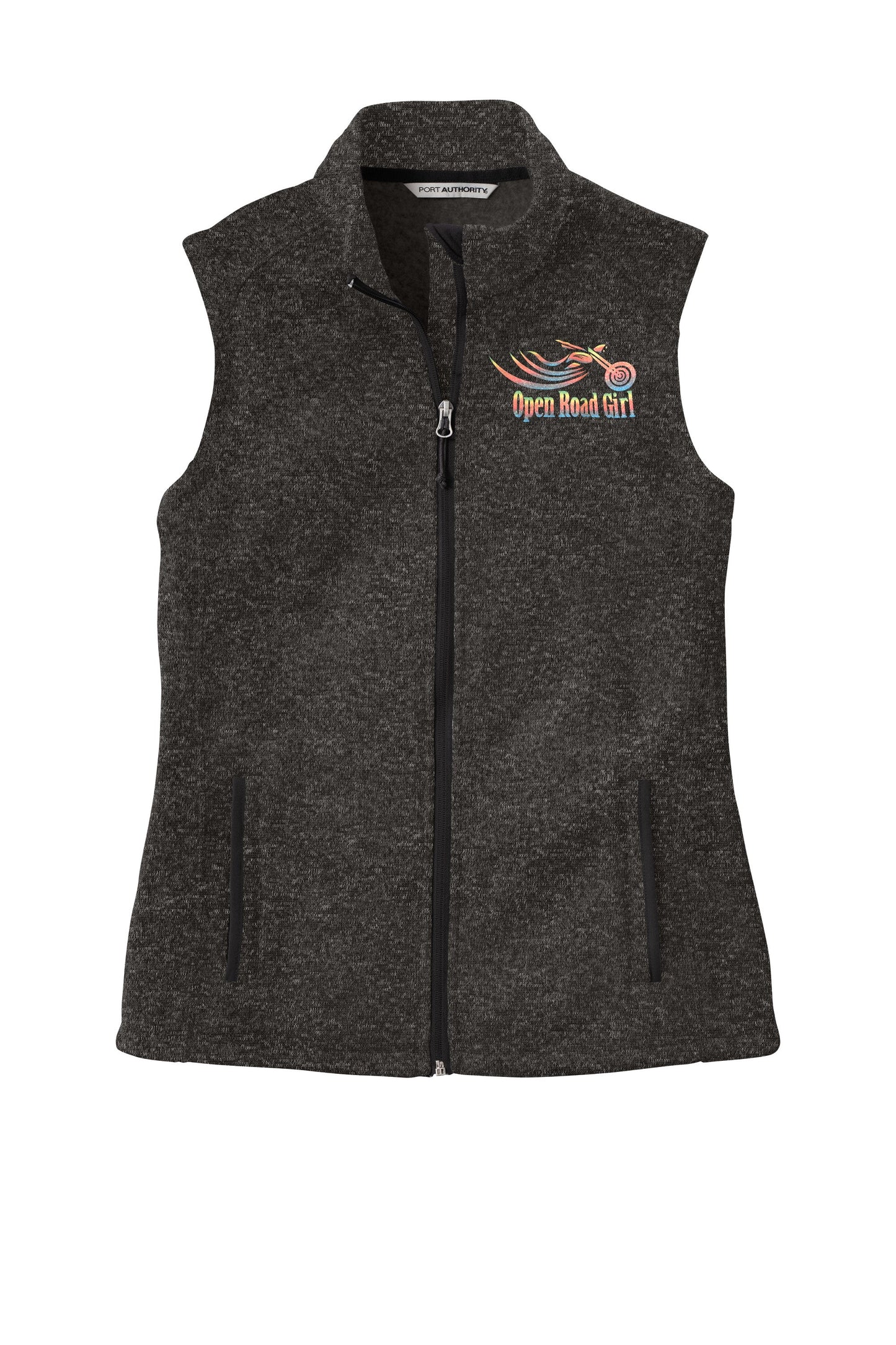 BLACK HEATHER Open Road Girl Sweater Fleece Vest- Choose your logo COLOR!