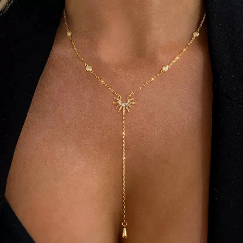 2 Pcs/Set Sun Flame Pendant Snake Choker Necklace for Women Water Drop Long Tassel Zircon Charm Chain Natural Stone Jewelry Gift