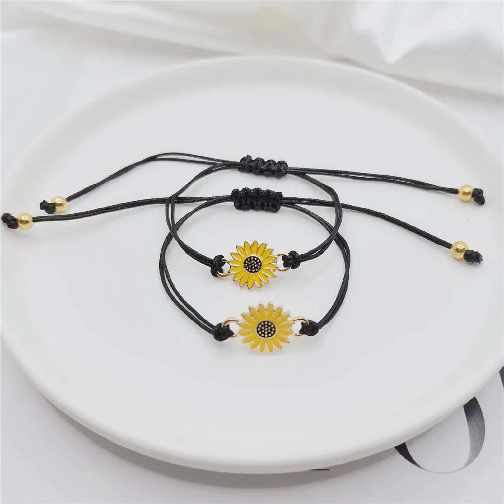 Temperament Black String Sunflower Bracelet for Love and Friendship - Woven Fashion Jewelry for Couples / Friends