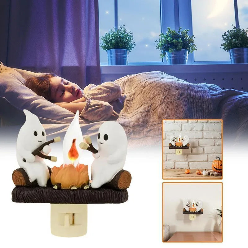 Halloween Ghost Campfire Night Light – Flickering Marshmallow Glow Lamp Gift