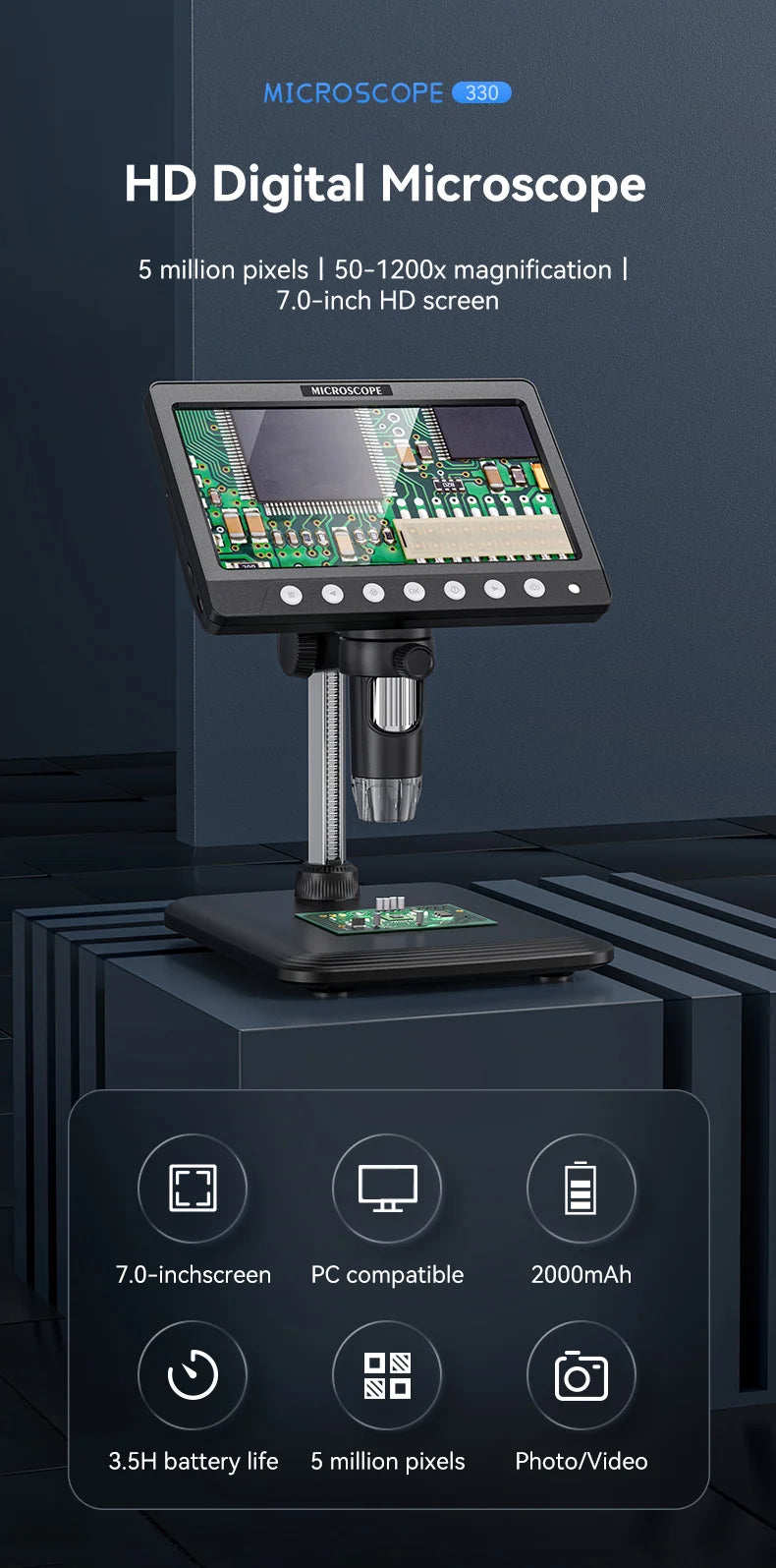 Portable 7" IPS Digital Microscope 1200X Magnification HD USB Professional Electron Microscopios for Phone Soldering Repair Tool
