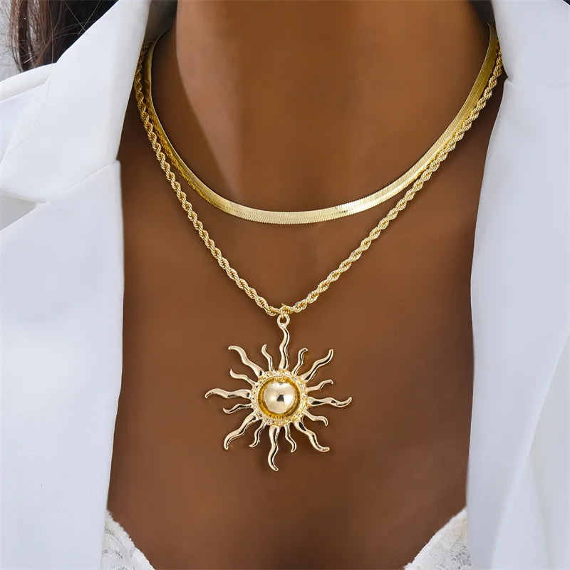 2 Pcs/Set Sun Flame Pendant Snake Choker Necklace for Women Water Drop Long Tassel Zircon Charm Chain Natural Stone Jewelry Gift