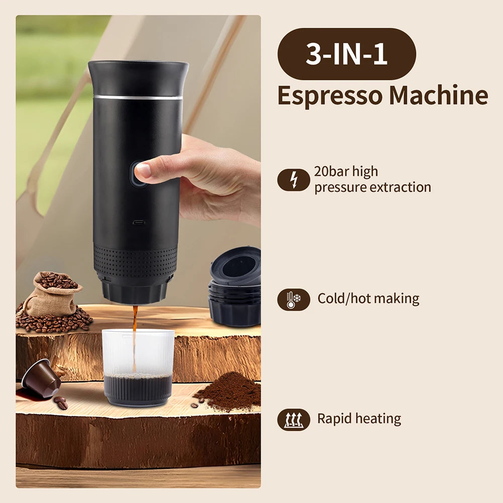 3-in-1 Portable Espresso Maker – Wireless Coffee Machine for Travel, Car & Camping