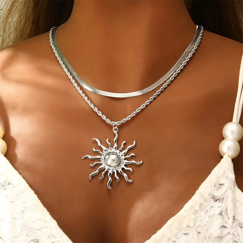 2 Pcs/Set Sun Flame Pendant Snake Choker Necklace for Women Water Drop Long Tassel Zircon Charm Chain Natural Stone Jewelry Gift