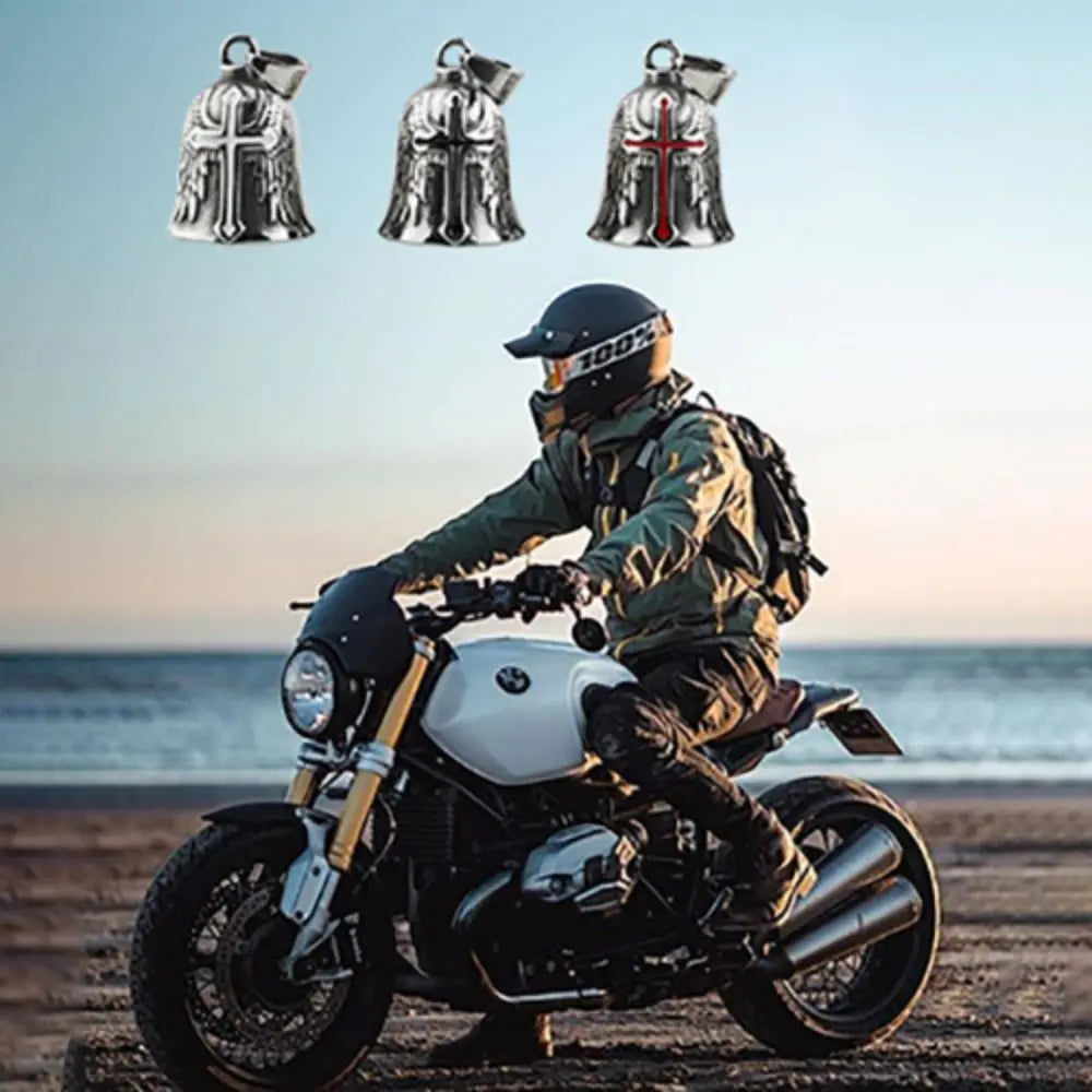Vintage 3D Design Motorcycle Guardian Bell Retro Wing Design Biker Good Luck Charm Alloy Punk Style Evil Spirit Trap Bell Men