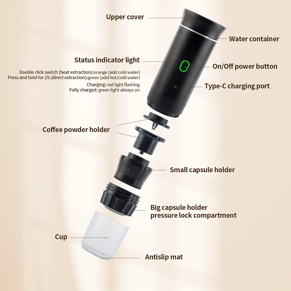 Diagram of a coffee maker with labeled parts on a beige background