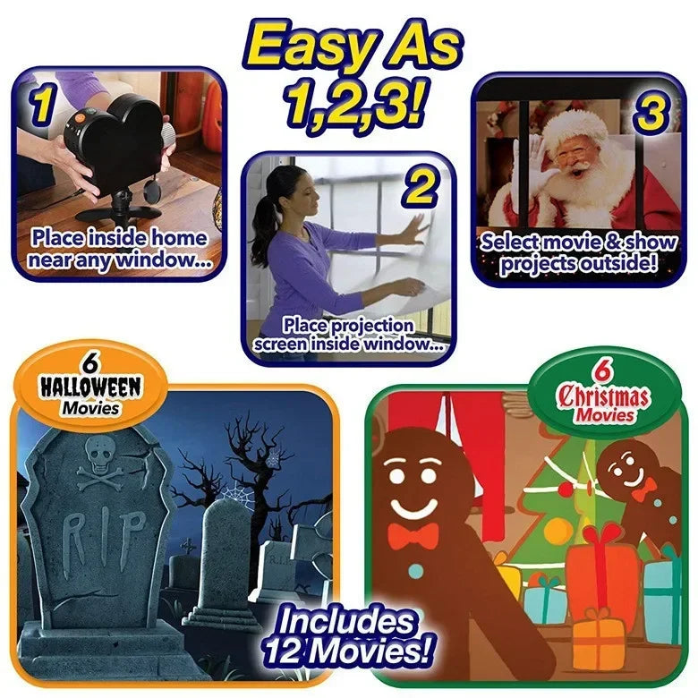 Christmas Halloween Window Projector Lamp Display Screen Outdoor Holiday Led Holographic Projection Lamp Cartoon Movie Home Deco