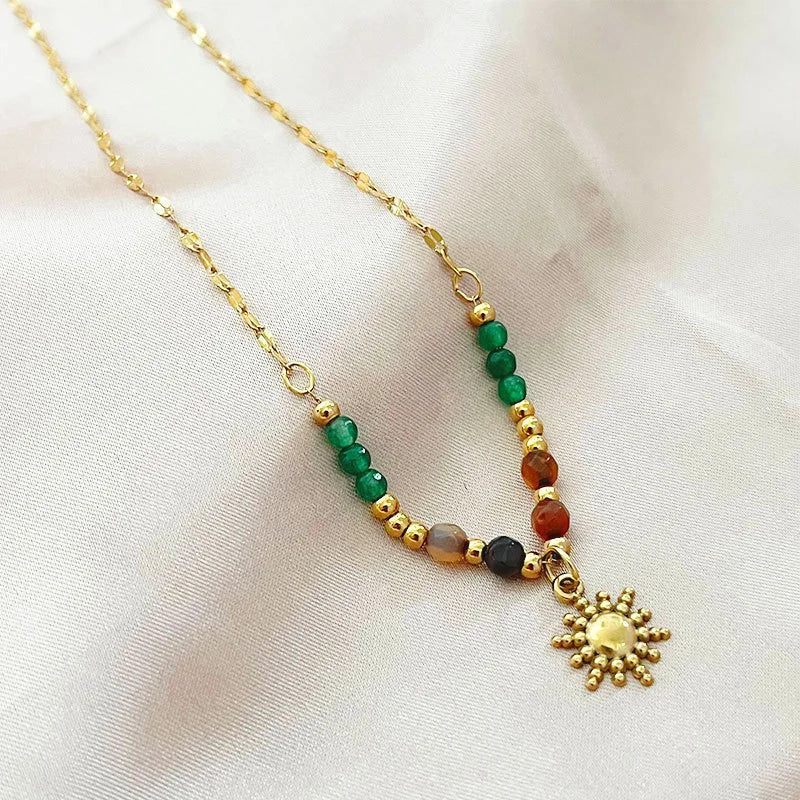 2 Pcs/Set Sun Flame Pendant Snake Choker Necklace for Women Water Drop Long Tassel Zircon Charm Chain Natural Stone Jewelry Gift