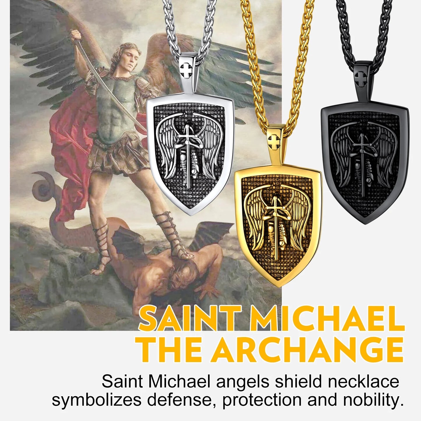 Shield Pendant Amulet Necklace for Mens Saint Michael the Archangel Pendant Gold Plated Catholic Stainless Steel Jewelry for Son Father