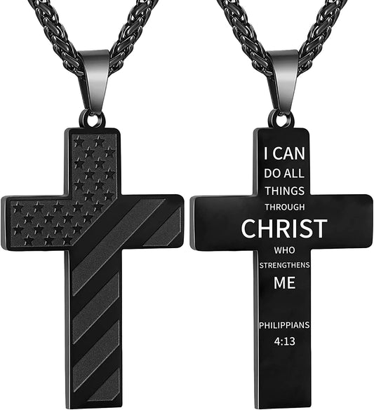2025 Graduation Gifts for Him Teenages Teen Boyfriend Brother Son Grandson Graduates Black American Flag Cross Necklace Pendant Chain Religious Christian Jewelry Gifts Ideas Age