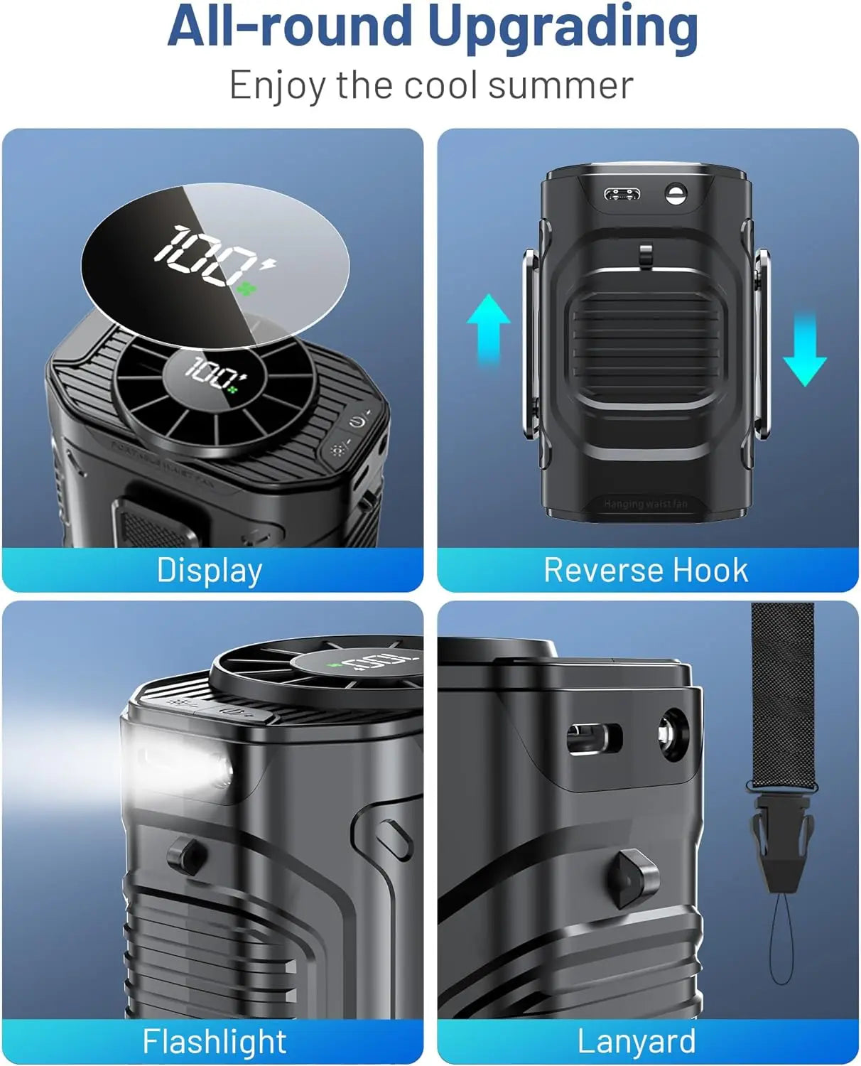 Hanging Waist Fans Waist Clip Fan Portable under Shirt Fan USB Charging Electric Fan Outdoor Camping Cooling Device LED Light