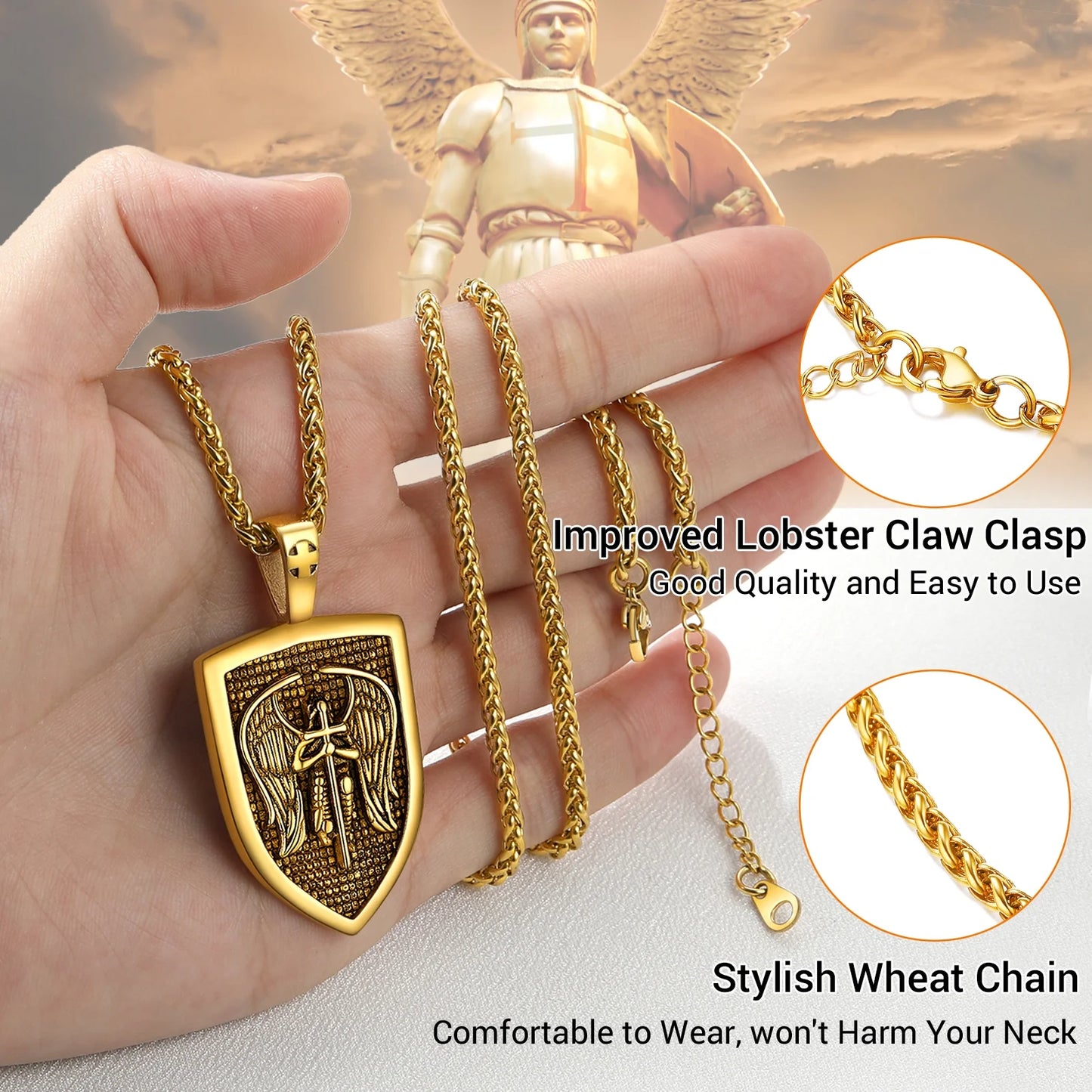 Shield Pendant Amulet Necklace for Mens Saint Michael the Archangel Pendant Gold Plated Catholic Stainless Steel Jewelry for Son Father