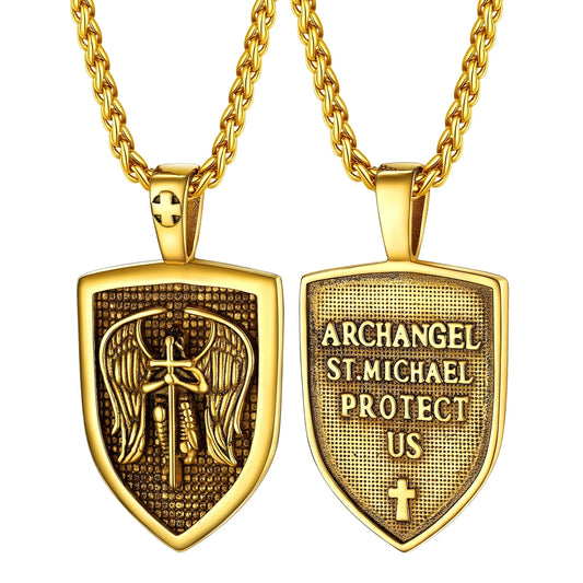 Shield Pendant Amulet Necklace for Mens Saint Michael the Archangel Pendant Gold Plated Catholic Stainless Steel Jewelry for Son Father