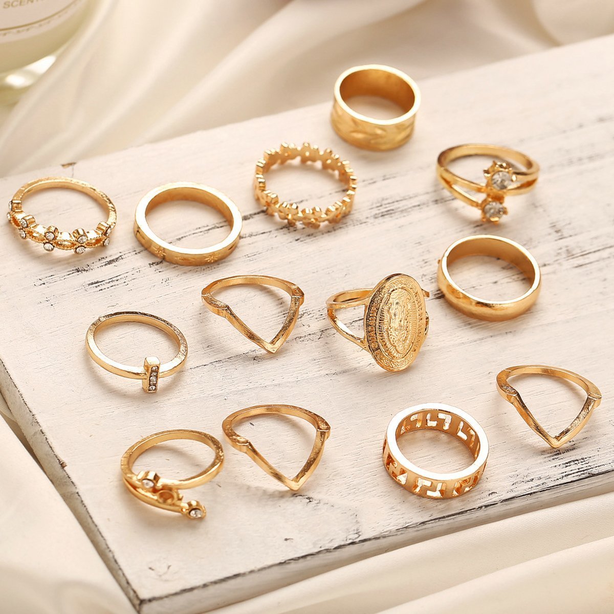 13 Piece Medallion Ring Set With Austrian Crystals 18K Gold Plated Ring ITALY Design - 