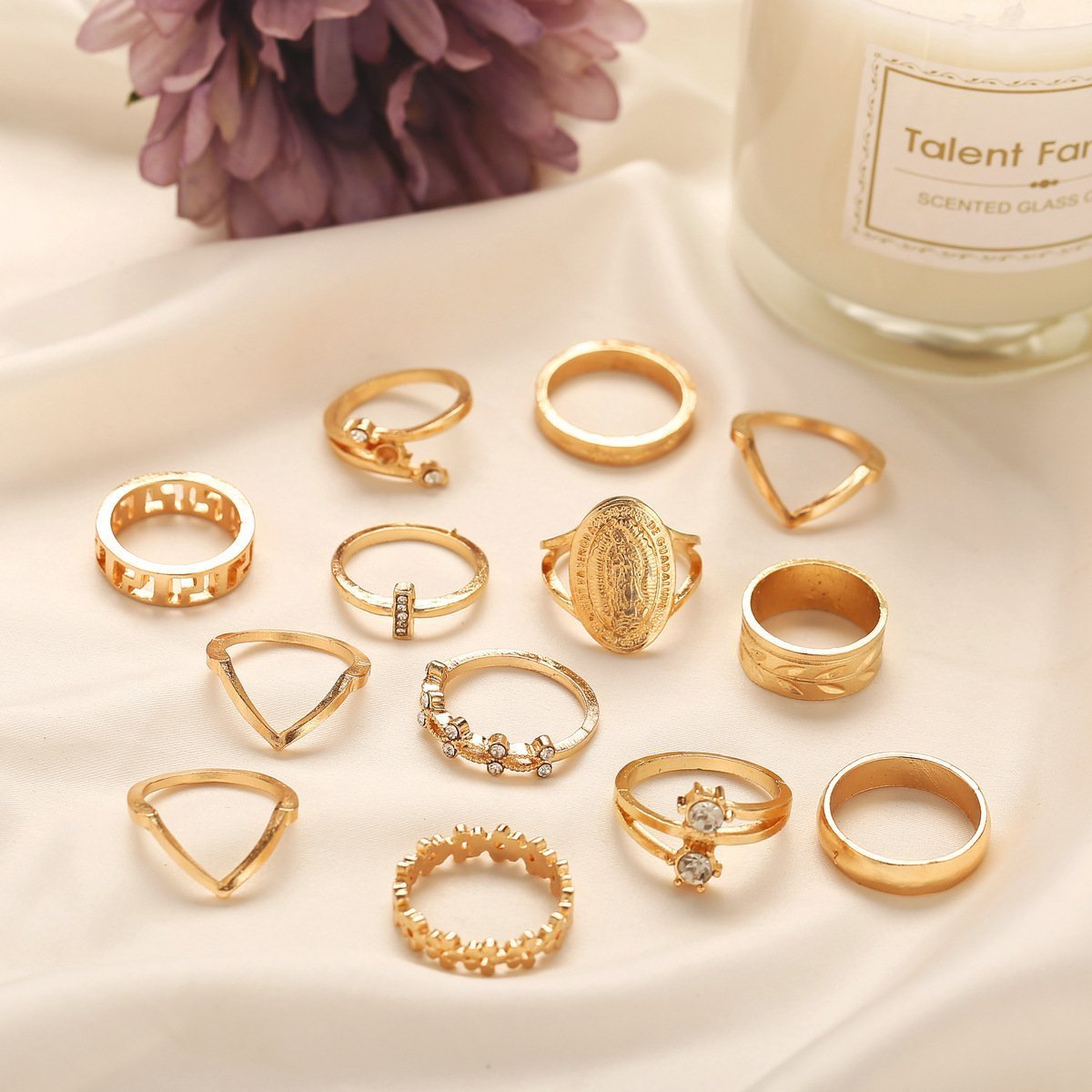 13 Piece Medallion Ring Set With Austrian Crystals 18K Gold Plated Ring ITALY Design - 