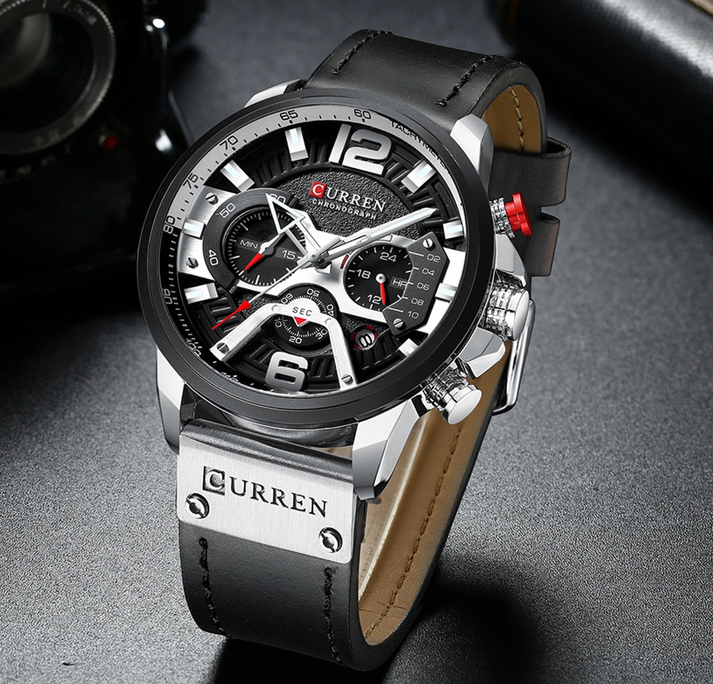 Military Leather Chronograph Wristwatch - 