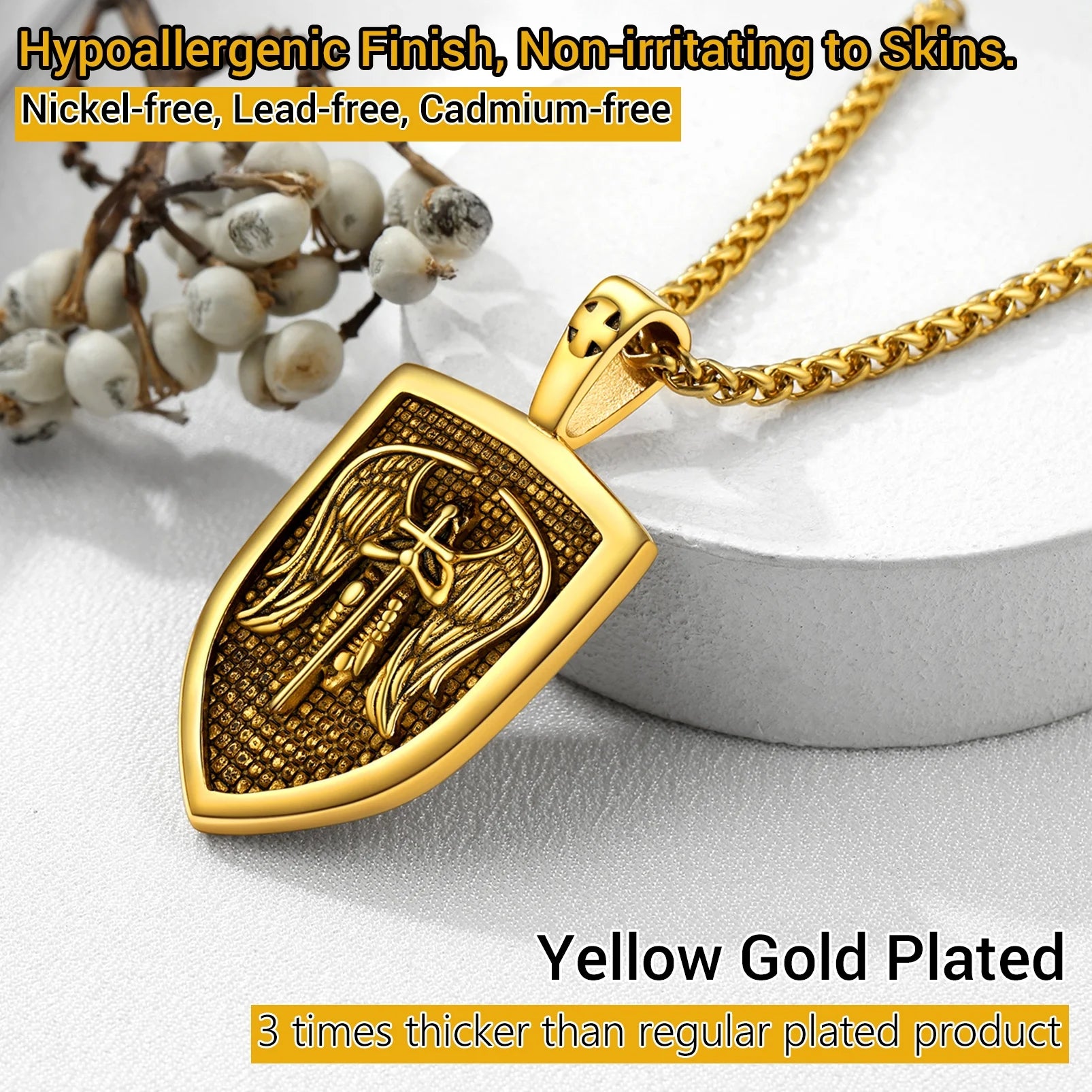 Shield Pendant Amulet Necklace for Mens Saint Michael the Archangel Pendant Gold Plated Catholic Stainless Steel Jewelry for Son Father