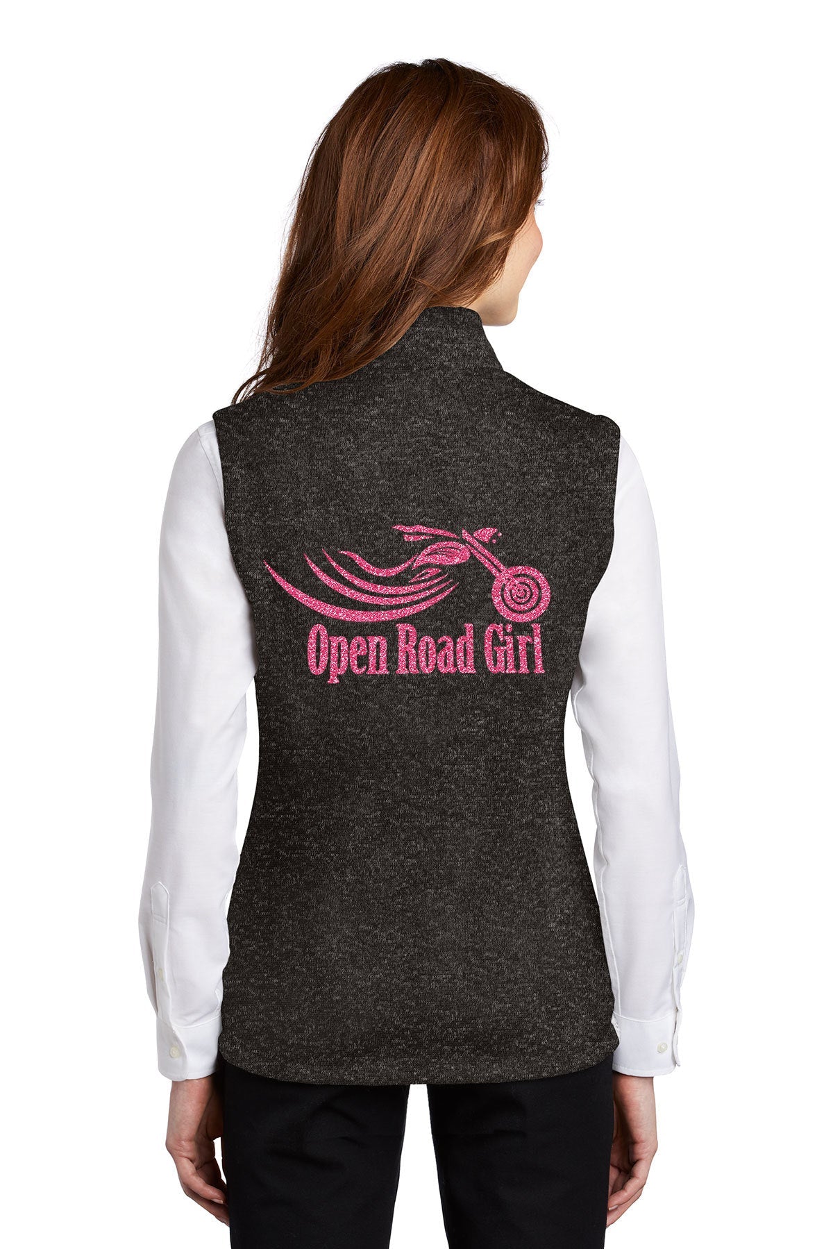 BLACK HEATHER Open Road Girl Sweater Fleece Vest- Choose your logo COLOR!    qykyai-sq.myshopify.com