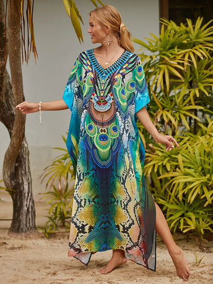 Women'S Long Caftans Print Bathing Suit Cover up Casual Beach Maxi Dress Abaya Beach Outfits Boho Clothes