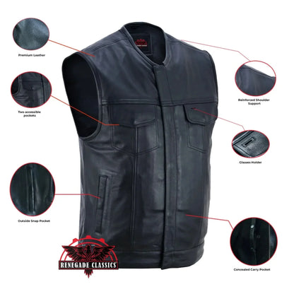 Men's Titan Black Leather Vest -  Milled Cowhide, Hidden Zipper