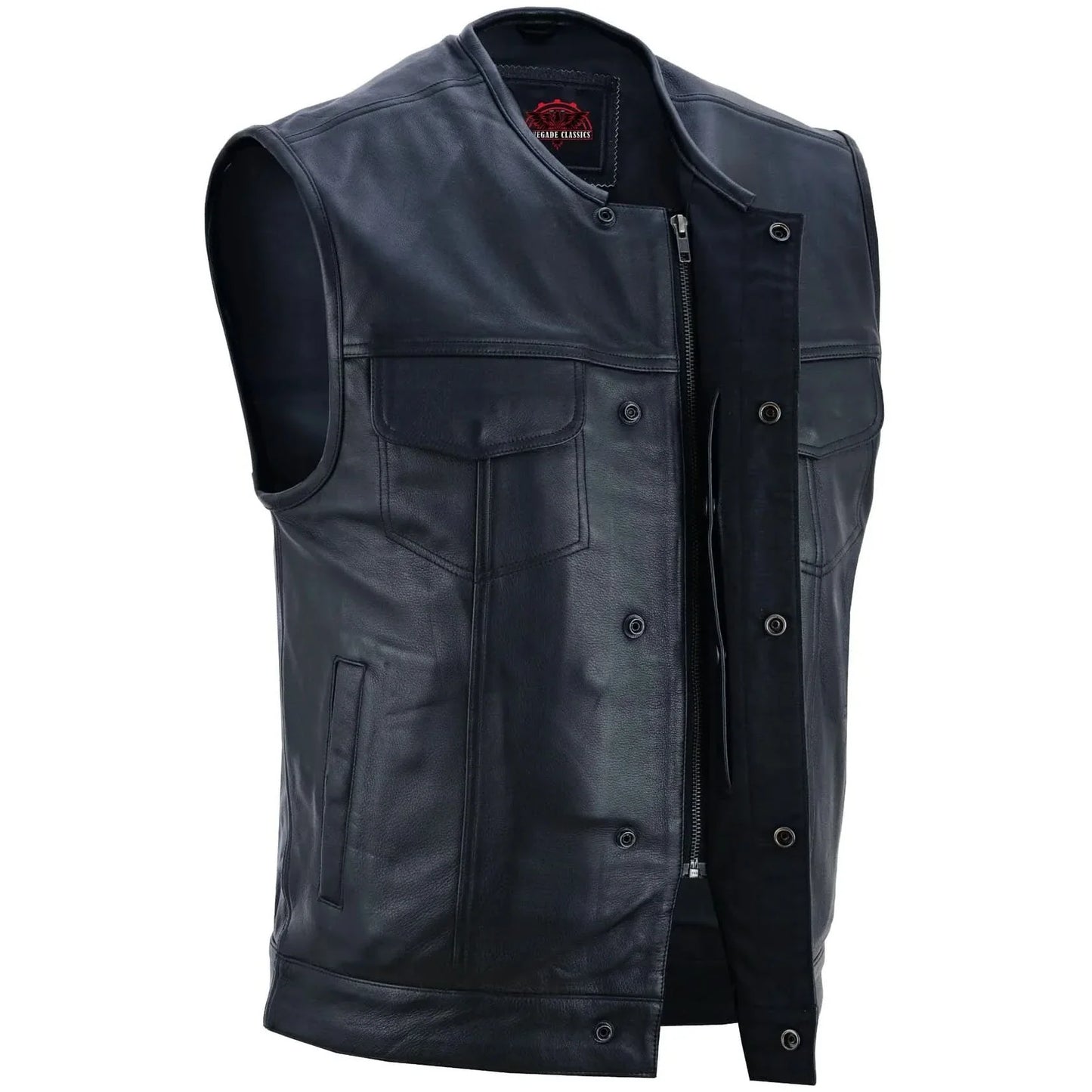 Men's Titan Black Leather Vest -  Milled Cowhide, Hidden Zipper