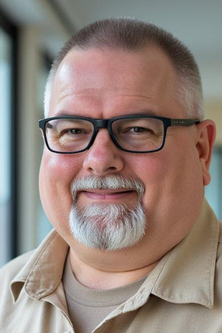 Man wearing glasses and a beige shirt indoors