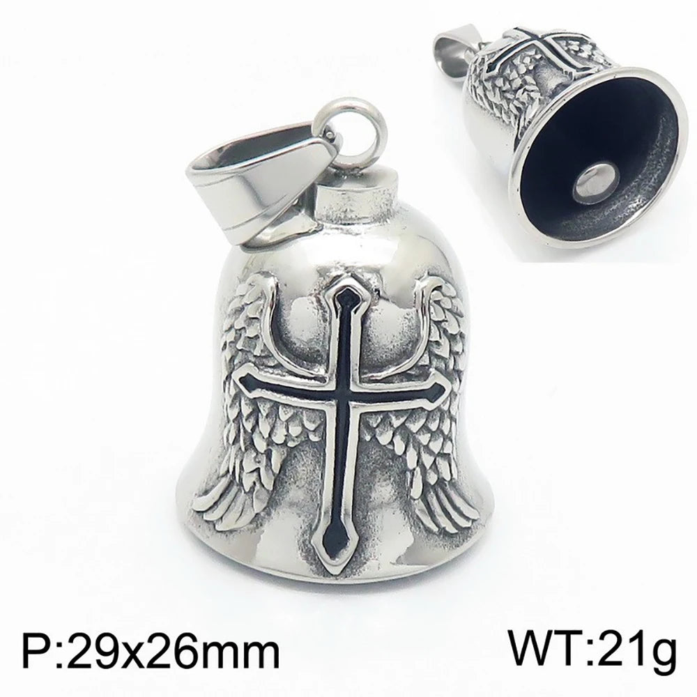 Fashion Cross Guardian Angel Wings Bell Necklace Pendant Men Viking Amulet Stainless Steel Jewelry Accessories (Has bell sound)