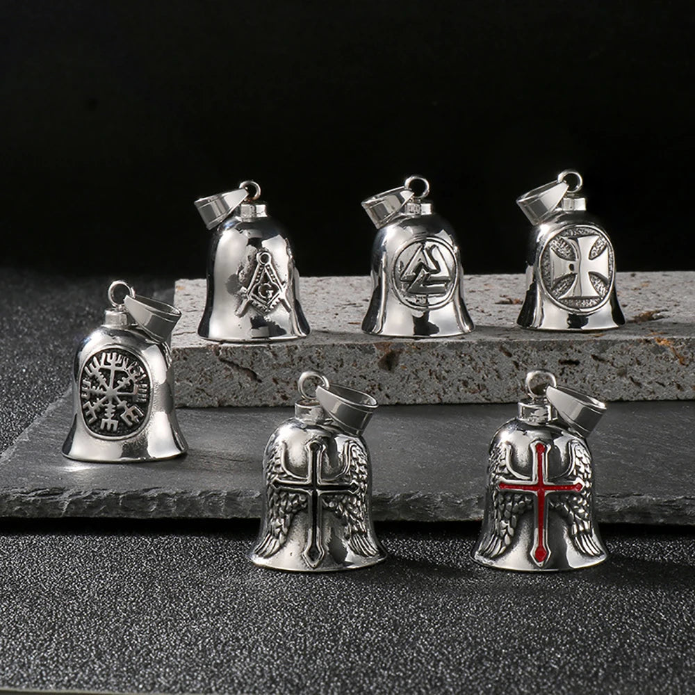 Fashion Cross Guardian Angel Wings Bell Necklace Pendant Men Viking Amulet Stainless Steel Jewelry Accessories (Has bell sound)