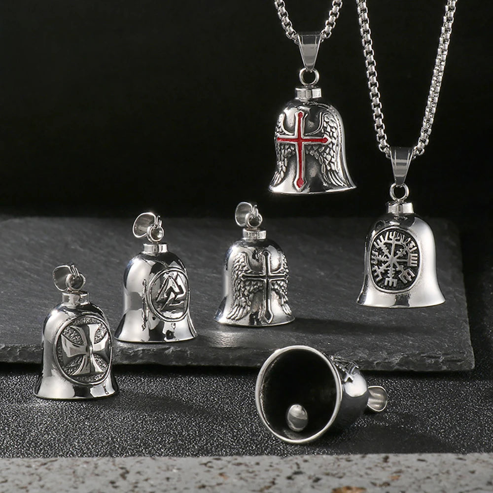 Fashion Cross Guardian Angel Wings Bell Necklace Pendant Men Viking Amulet Stainless Steel Jewelry Accessories (Has bell sound)