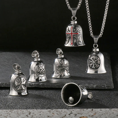 Fashion Cross Guardian Angel Wings Bell Necklace Pendant Men Viking Amulet Stainless Steel Jewelry Accessories (Has bell sound)