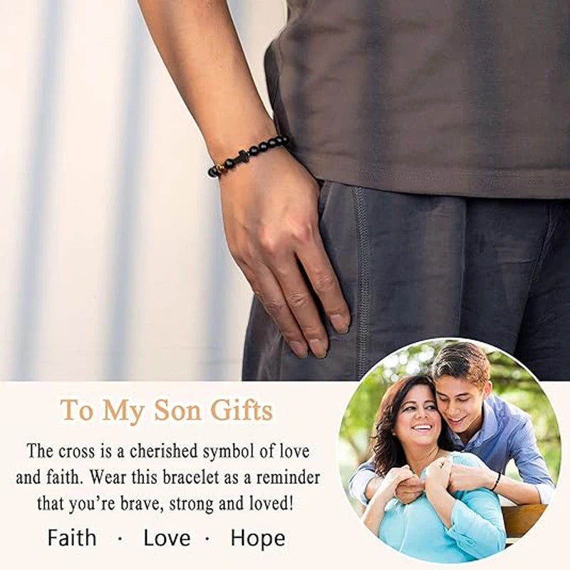 To Boys Gifts Cross Bracelet for Son - Beads Bracelets Birthday Graduation Retirement Christmas Christian Gift for Teens Boys