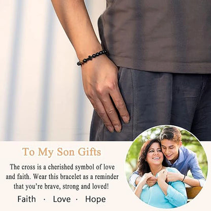 To Boys Gifts Cross Bracelet for Son - Beads Bracelets Birthday Graduation Retirement Christmas Christian Gift for Teens Boys