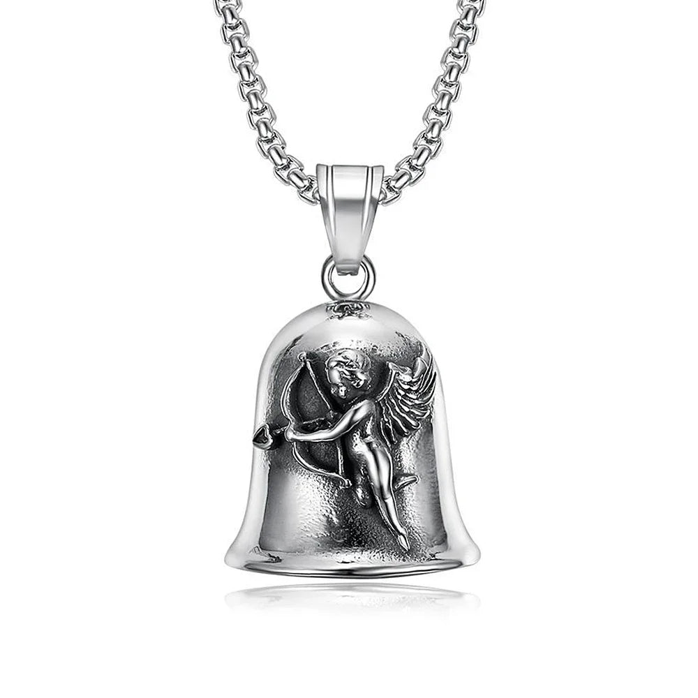 New Stainless Steel Motorcycle Bell Angel Wings Bell Pendant Necklace For Biker Fashion Lucky Amulet Jewelry Gifts Dropshipping