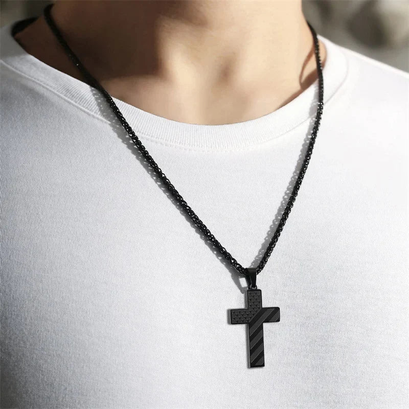 American Flag Cross Necklace for Men – Stainless Steel Christian Patriotic Jewelry