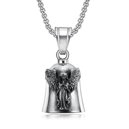 New Stainless Steel Motorcycle Bell Angel Wings Bell Pendant Necklace For Biker Fashion Lucky Amulet Jewelry Gifts Dropshipping
