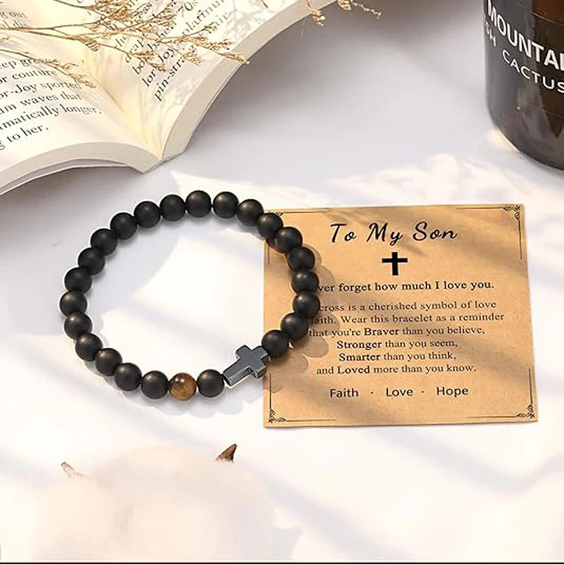 To Boys Gifts Cross Bracelet for Son - Beads Bracelets Birthday Graduation Retirement Christmas Christian Gift for Teens Boys