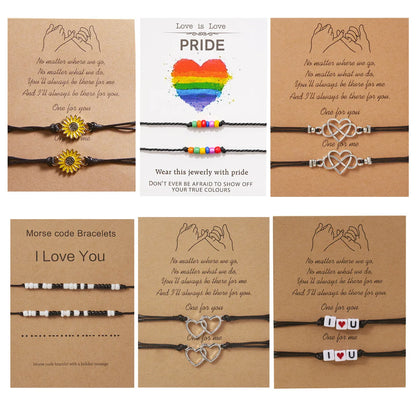 2Pcs New Trendy Cute Wish Sunflower Rainbow Love Black Rope Beads Bracelet for Girl Woman Fashion DIY Jewelry Gift Dropship