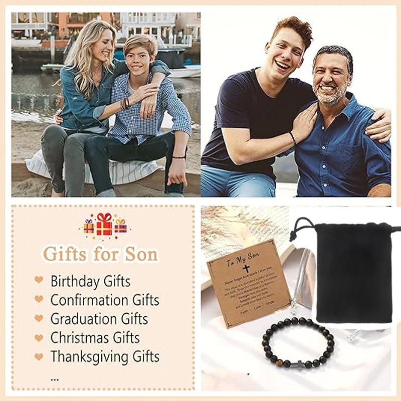 To Boys Gifts Cross Bracelet for Son - Beads Bracelets Birthday Graduation Retirement Christmas Christian Gift for Teens Boys