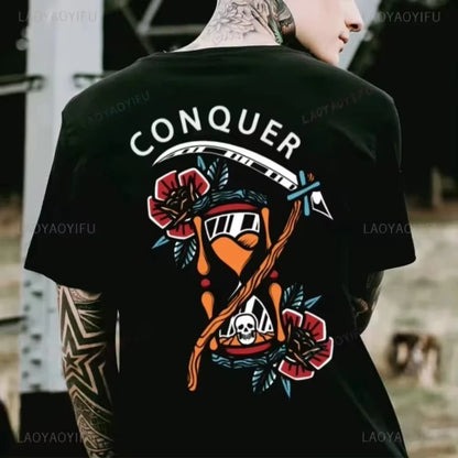 2025 New Summer Biker Drinking Beer Skull Graphic Men's Cotton T-Shirt Punk Rock Streetwear Vintage Halloween Party Casual HOT