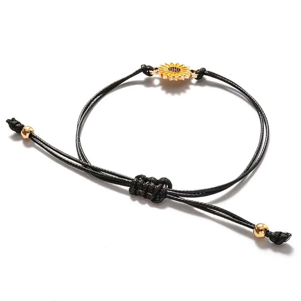 Temperament Black String Sunflower Bracelet for Love and Friendship - Woven Fashion Jewelry for Couples / Friends