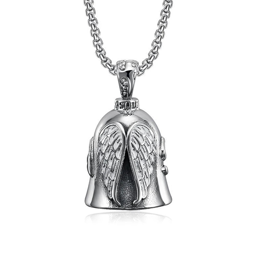 New Stainless Steel Motorcycle Bell Angel Wings Bell Pendant Necklace For Biker Fashion Lucky Amulet Jewelry Gifts Dropshipping