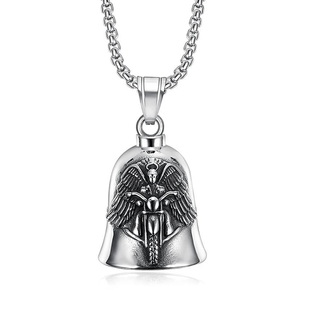 New Stainless Steel Motorcycle Bell Angel Wings Bell Pendant Necklace For Biker Fashion Lucky Amulet Jewelry Gifts Dropshipping