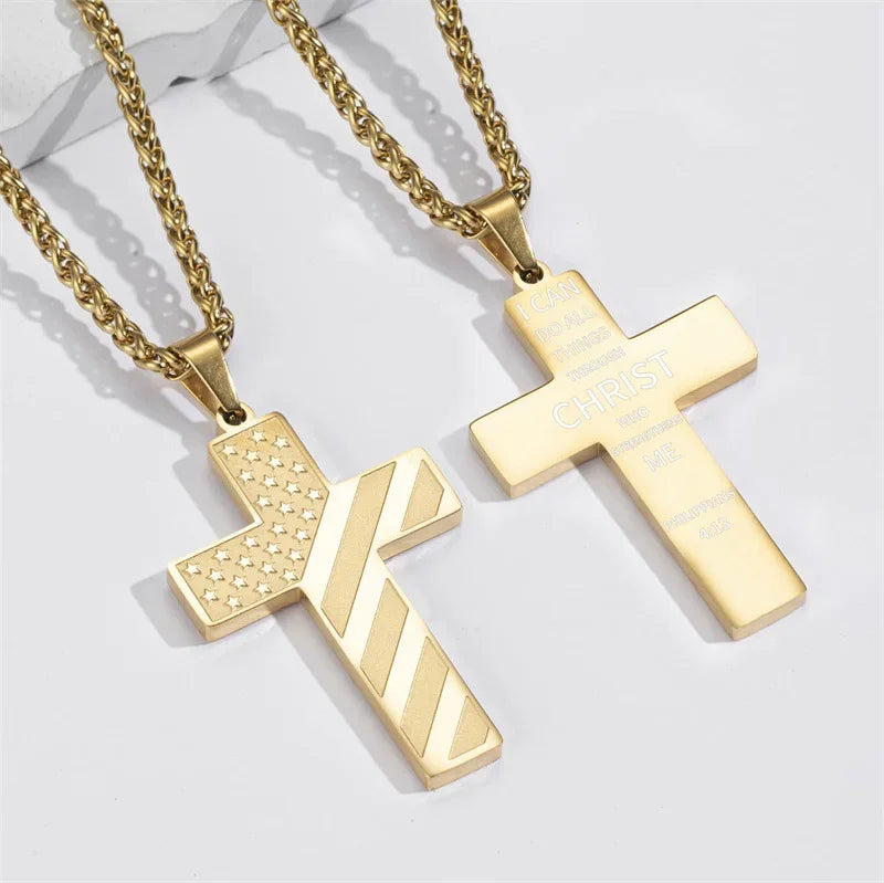 American Flag Cross Necklace for Men – Stainless Steel Christian Patriotic Jewelry
